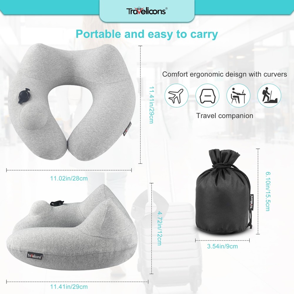 Inflatable travel neck pillow with hood for airplane and car trips