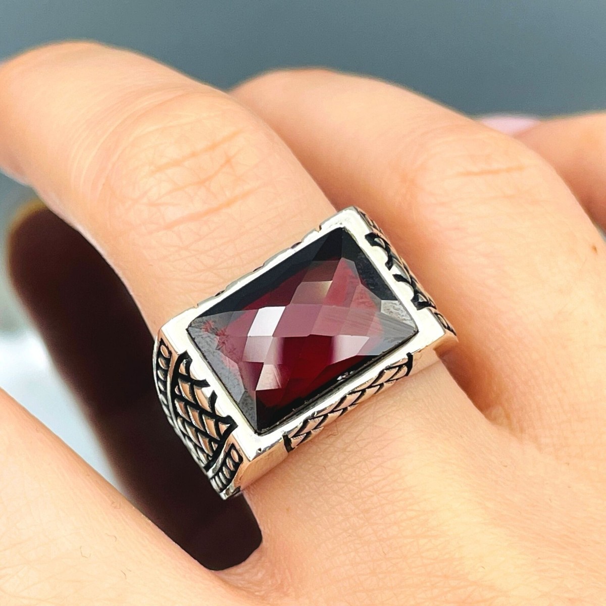 SILVER925 RED STONE MOTIF RING/シルバー/リング 925K Silver Ring Mens, Red Simulated Zircon Ring, Men's Silver