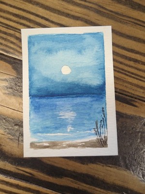 ACEO Original Watercolor Moonlit Ocean Seascape Beach Night Sky by smallSTart970