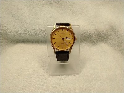 PULSAR VTG GOLD/GOLD FACE & ACCENT THIN DAY/DATE ALL ORIG W/BLK LTHR STRAP WATCH