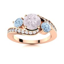 Round Pink Quartz  Amethyst 925 Sterling Silver Rose Plated Three Stone Ring