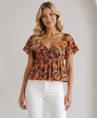 LOFT Womens Floral Peplum Top Size Large Tie Front Smocked Back Summer Chic