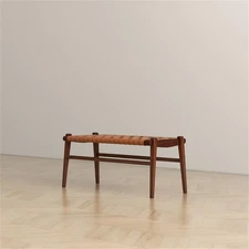 Sam Mid-Century Modern Genuine Leather Upholstered Bench in Tan