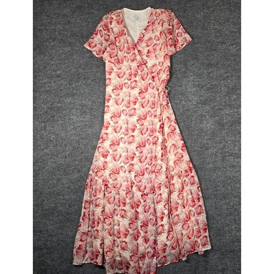 & Other Stories Floral Wrap Midi Dress Pink Red Ruffle Hem Short Sleeve