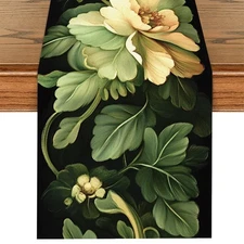 Green Floral Table Runner Single Piece - Yellow Flowers Green Background, Lin...