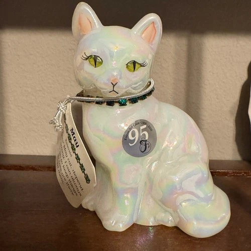 VINTAGE FENTON GLASS BIRTHDAY KITTEN CAT PAINTED SIGNED FIGURINE PAPERWEIGHT