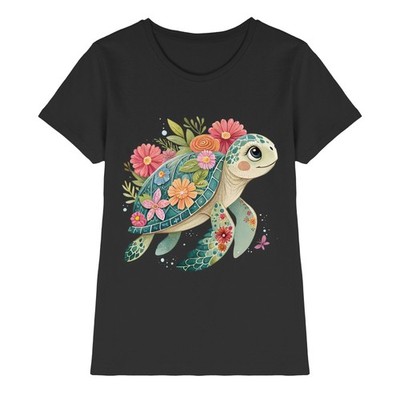 Schildkröte mit Blumen Damen T-Shirt, Boho Tiermotiv, Meerestiere, Naturdesign 