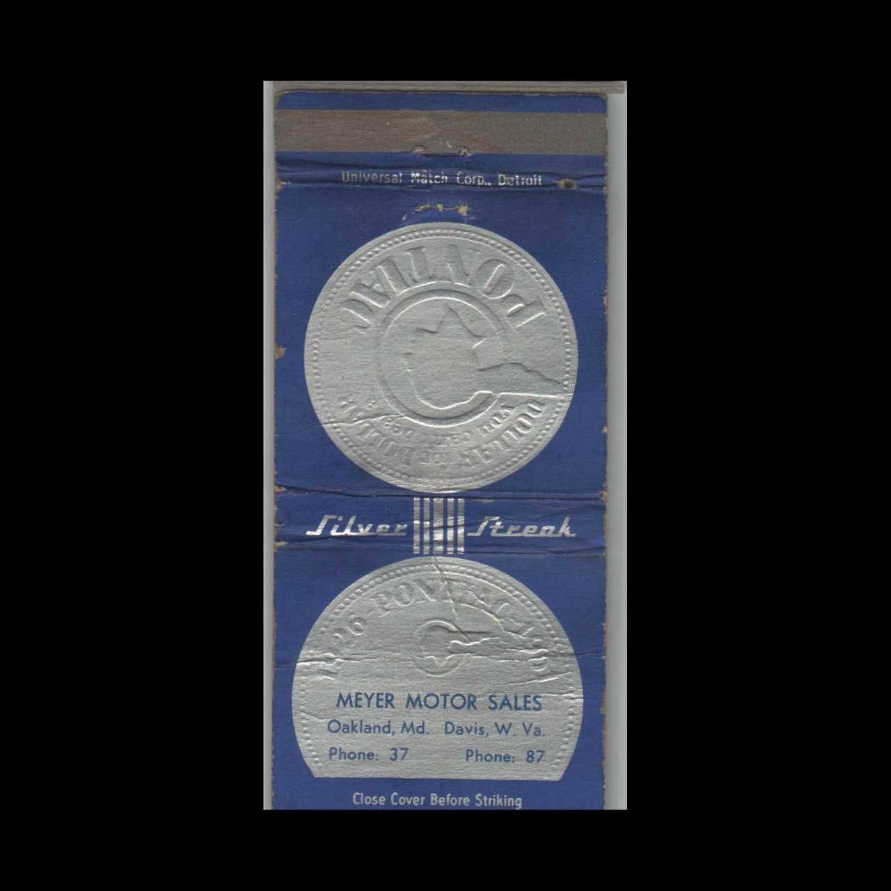Matchbook Cover - 1951 Pontiac Dealer - Meyer Motor Sales Oakland, MD