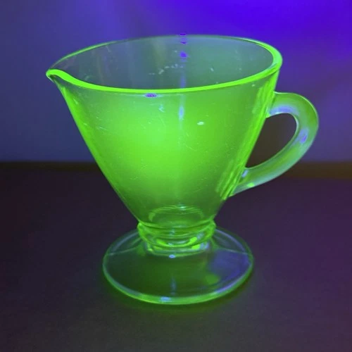 Vintage Green Uranium Depression Glass Pedestal Footed Creamer UV Glows