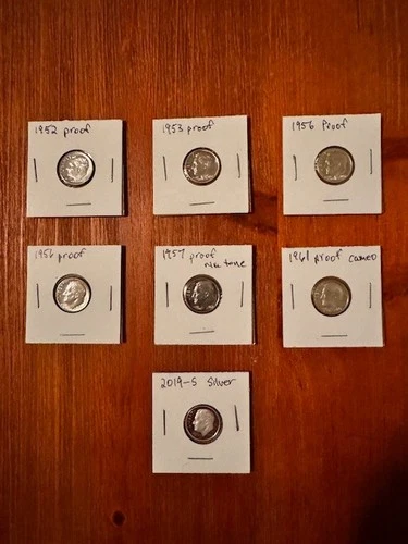 Seven (7) Roosevelt silver proof dimes inc. 1952-3, auction starts at face value