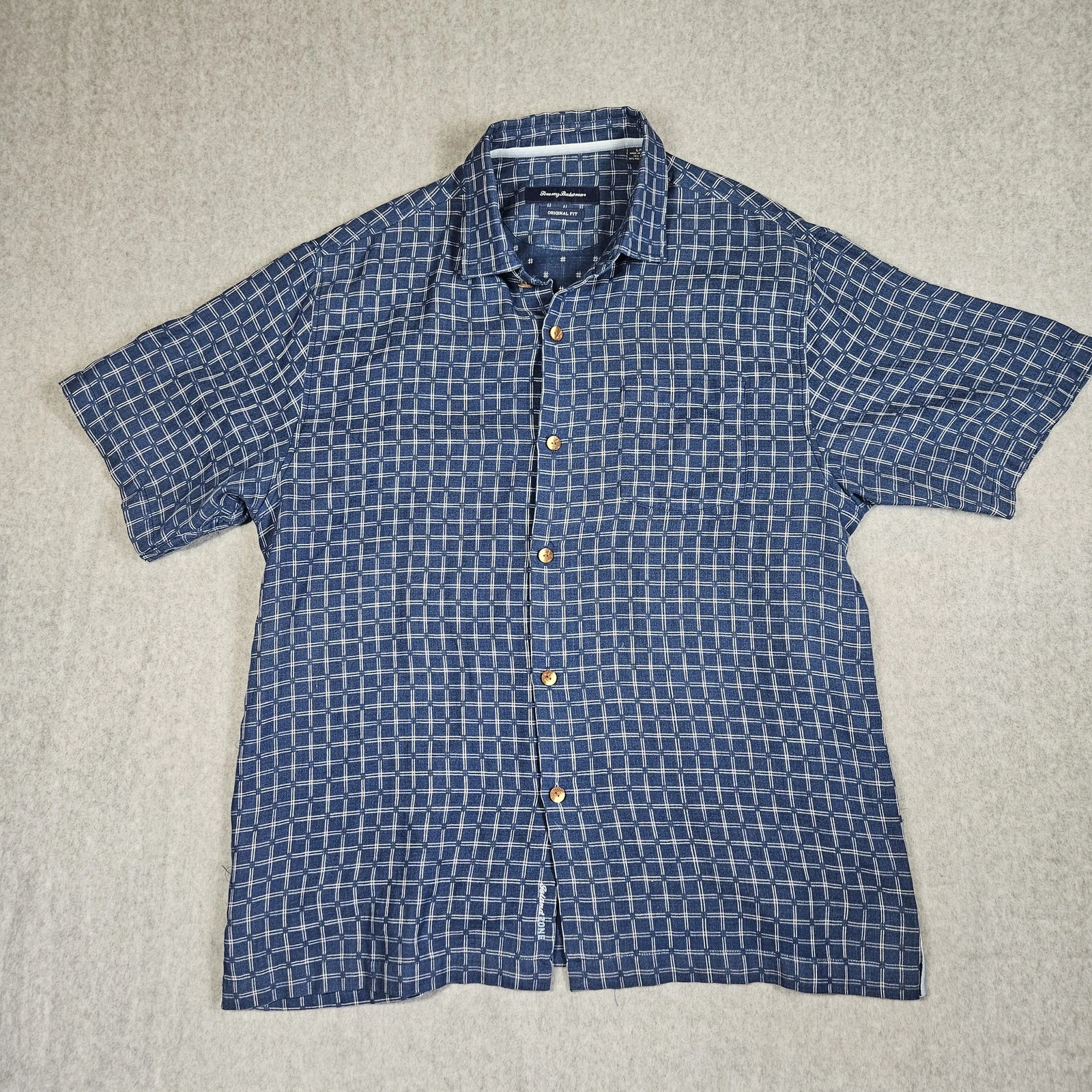 Tommy Bahama Men's L Blue White Grid Original Fit Silk Blend Short Sleeve Shirt