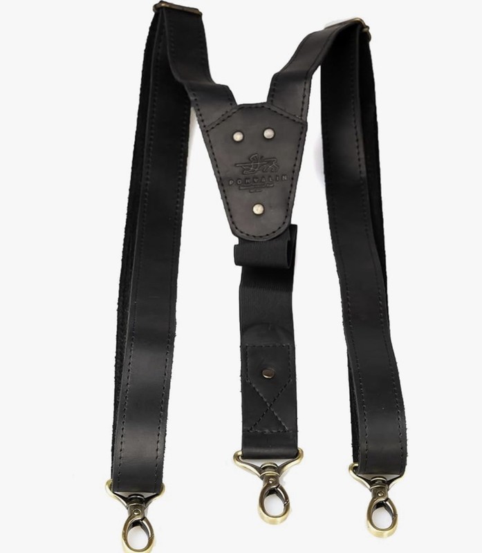 POHVALIN® Genuine Leather Suspenders 1'' Wide Heavy Duty With Carabiner Clips