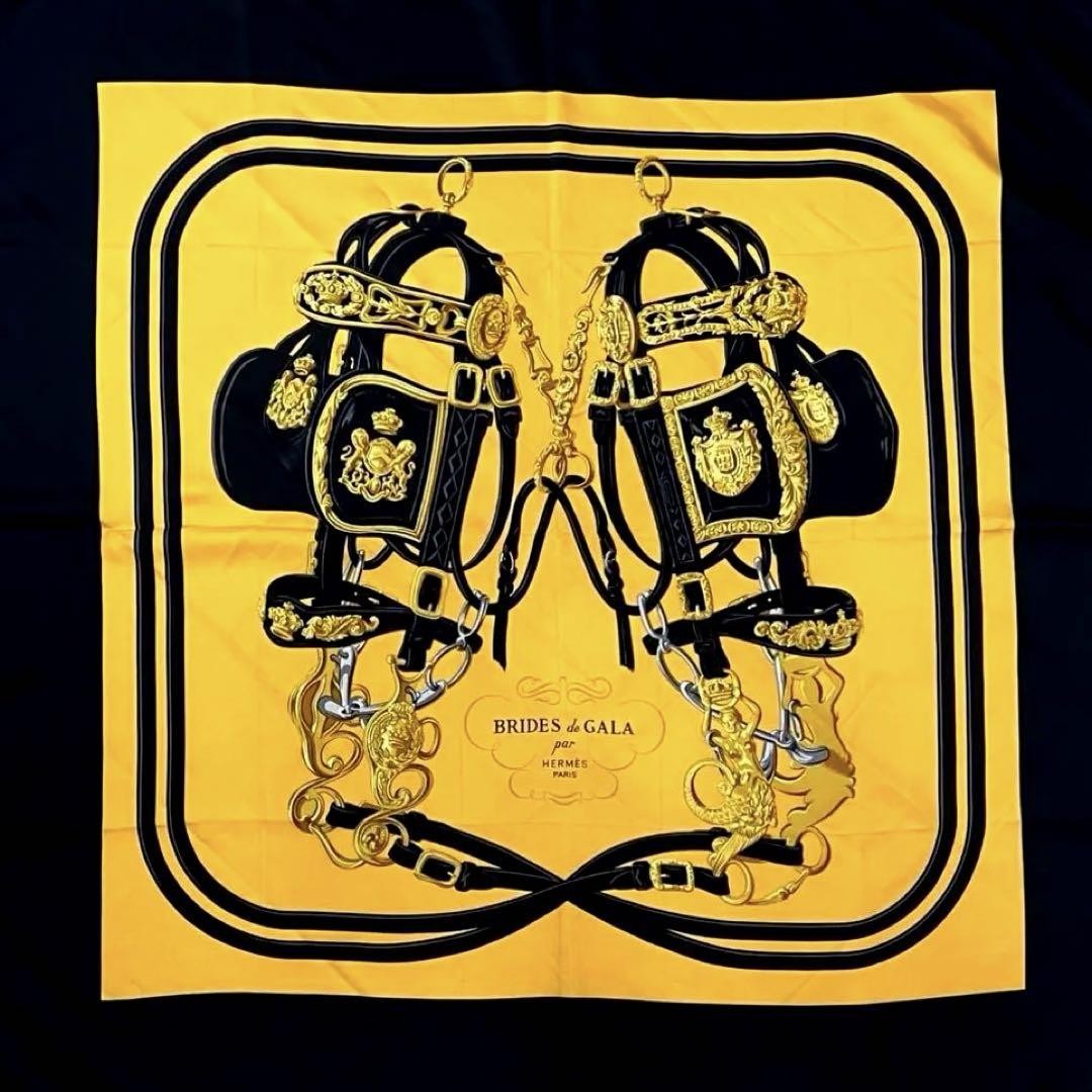 Hermes Brides de GALA 90cm Silk Scarf Black Yellow Preowned No Box