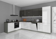 Küche Bianca Ecke V 210x330 Küchenzeile Hochglanz Weiss + Grau Küchenblock Grey