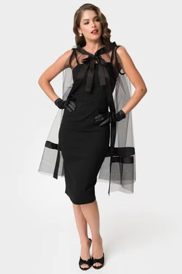 Unique Vintage x Barbie Black Magic Sheath Dress Tulle Cape Size Large Repro NWT