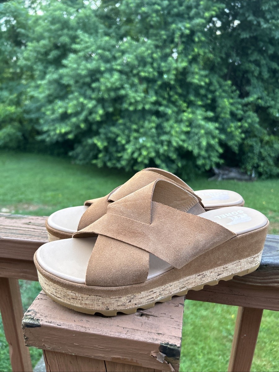 Sorel Womens Cameron Flatform Sandals Slides Cork Crisscross Tan Brown  Suede 12
