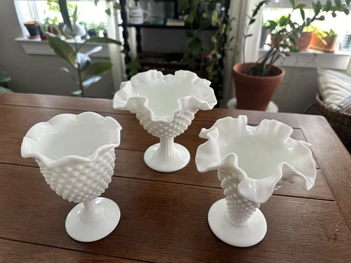 Set of 3 Vintage Fenton White Milk Glass Ruffle Hobnail Vases