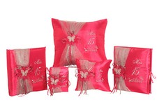 5 pc Fuchsia Quinceanera Mis Quince Set Kneeling Pillow Guest Book Album Bible