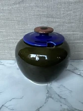 Vtg Lindt-Stymeist Japan Sugar Bowl with Lid 4-1/2" Olive Green Blue Brown