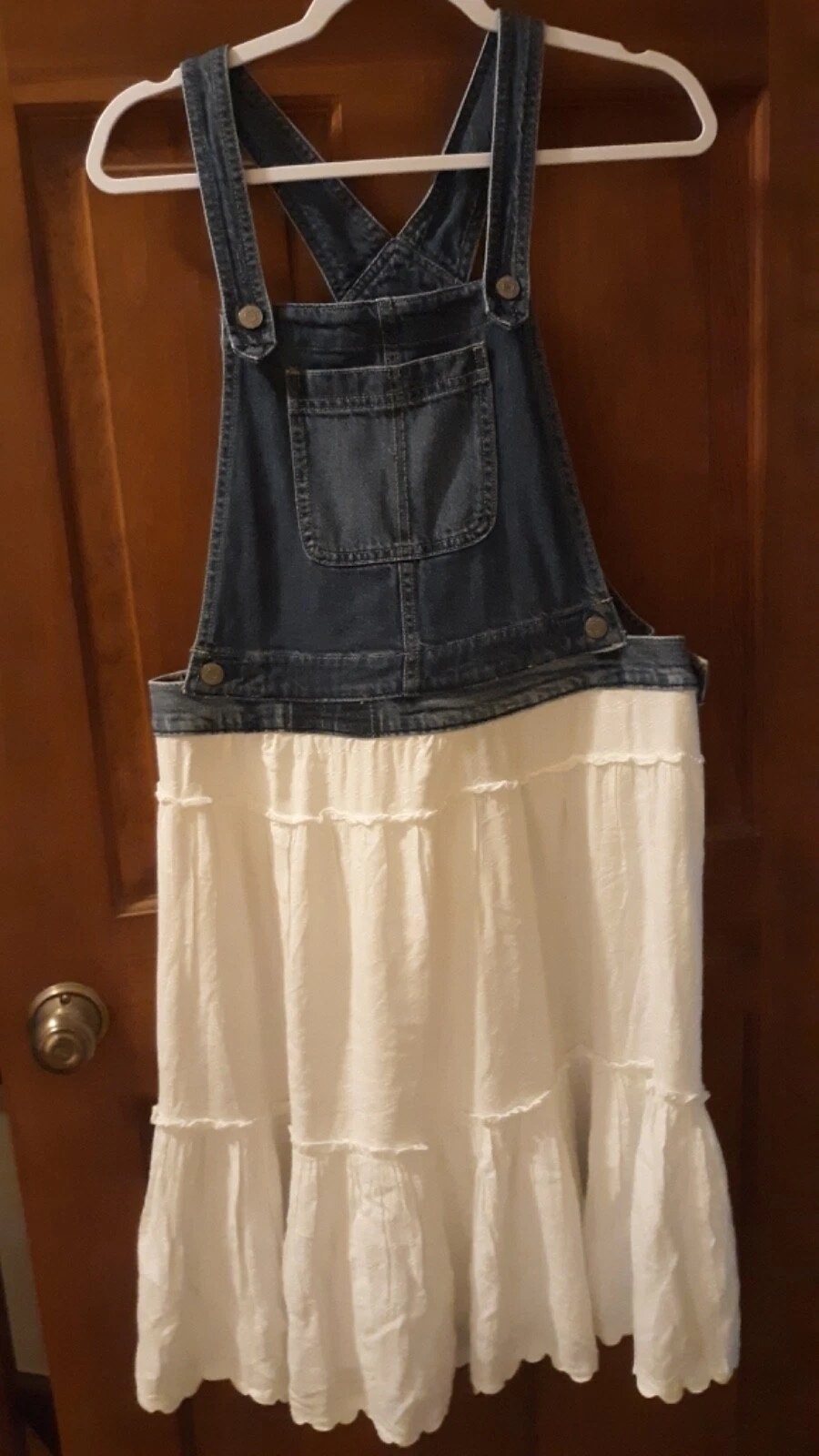 Upcycled Denim Bib & Cotton Overall Boho Jumper Dress- size medium
