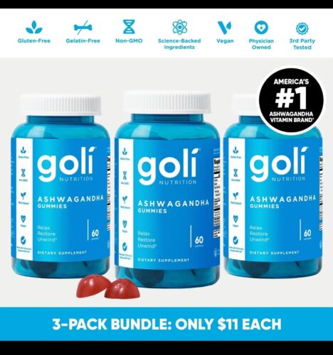 3 Bottles of Goli Ashwagandha & Vitamin D Gummy - Mixed Berry, KSM-66, Vegan