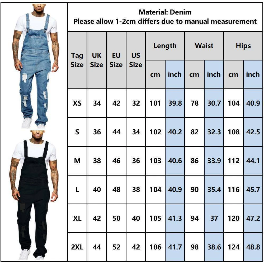 Mens Ripped Denim Overalls Slim Fit Jeans Dungaree Bib Jumpsuit