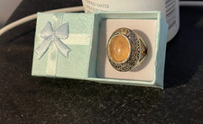 CFJ SIGNED ROSE QUARTZ and STERLING SILVER FILIGREE RING, SIZE 7