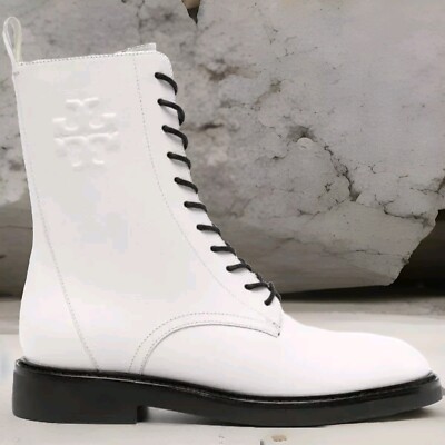 Tory Burch Double T-embossed Combat Leather Boots White Size