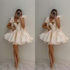 Champagne Satin Wedding Dress Beach Short Length Ruffy with Big Bow Bridal Gown