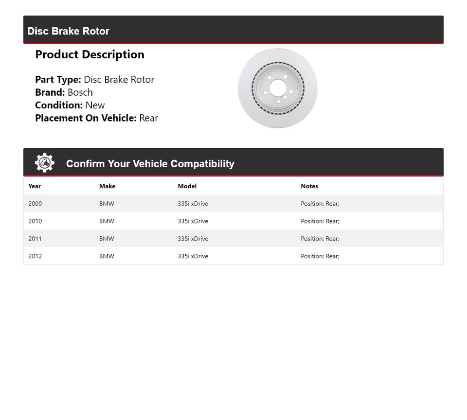 Rotor de freno de disco trasero para BMW 335i xDrive Bosch QuietCast 2009-2012 2010 2011 Foto 2 de 4