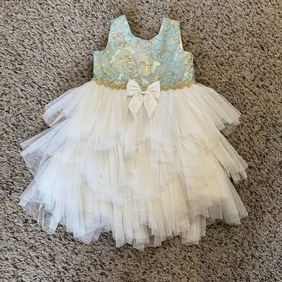 American Princess 3T Flower Girl Dress Mint Gold Tulle Wedding Party Holiday