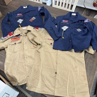 Lot of 4 Vintage Boy Scout Uniform Button Up Shirts With Patches. 1980-90s.