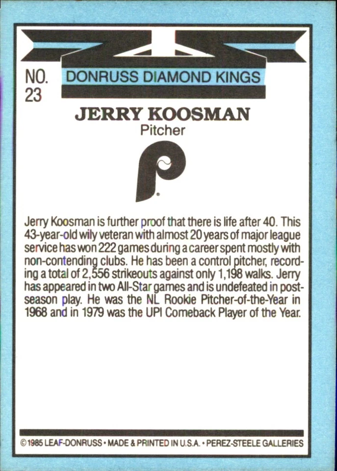 Jerry Koosman 1986 Donruss #23 Philadelphia Phillies FREE SHIPPING AutographDen - Image 2 of 2