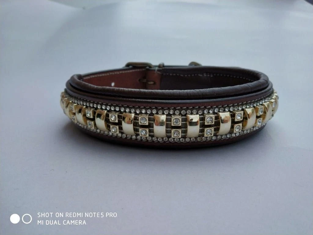 CBU-Luxury Rhinestone Leather Dog Collar Golden Padded Adjustable Pet Collar