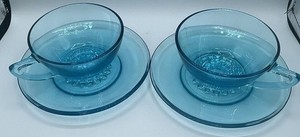 Vintage Hazel Atlas Capri Azure Blue Hobnail Glass Pair of Cups & Saucers Set