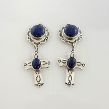 Handmade Navajo Sterling Silver Lapis Lazuli Cross Dangle Earrings
