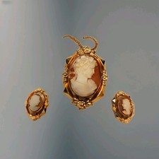 VintageCameo Earrings &amp; Necklace 12k Gold Filled Original Box Curtis Creations
