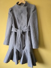 Coast Grey Wool Blend Coat Size 12 Belted Fit Flare Ruffle Hem Elegant Winter