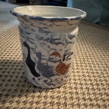 80s vintage country kitchen Sponge Ware Utensil Crock Blue Goose Spongeware 
