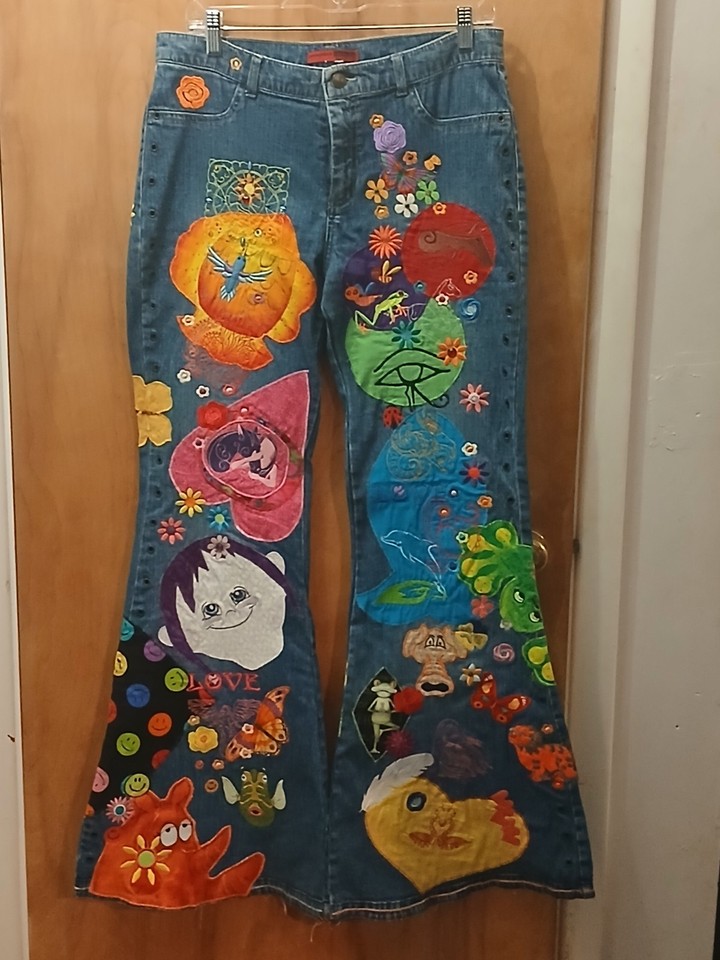 Authentic vintage patchwork flare jeans from Necessary Objects — wearable art that screams '70s energy and is genuinely one of a kind.