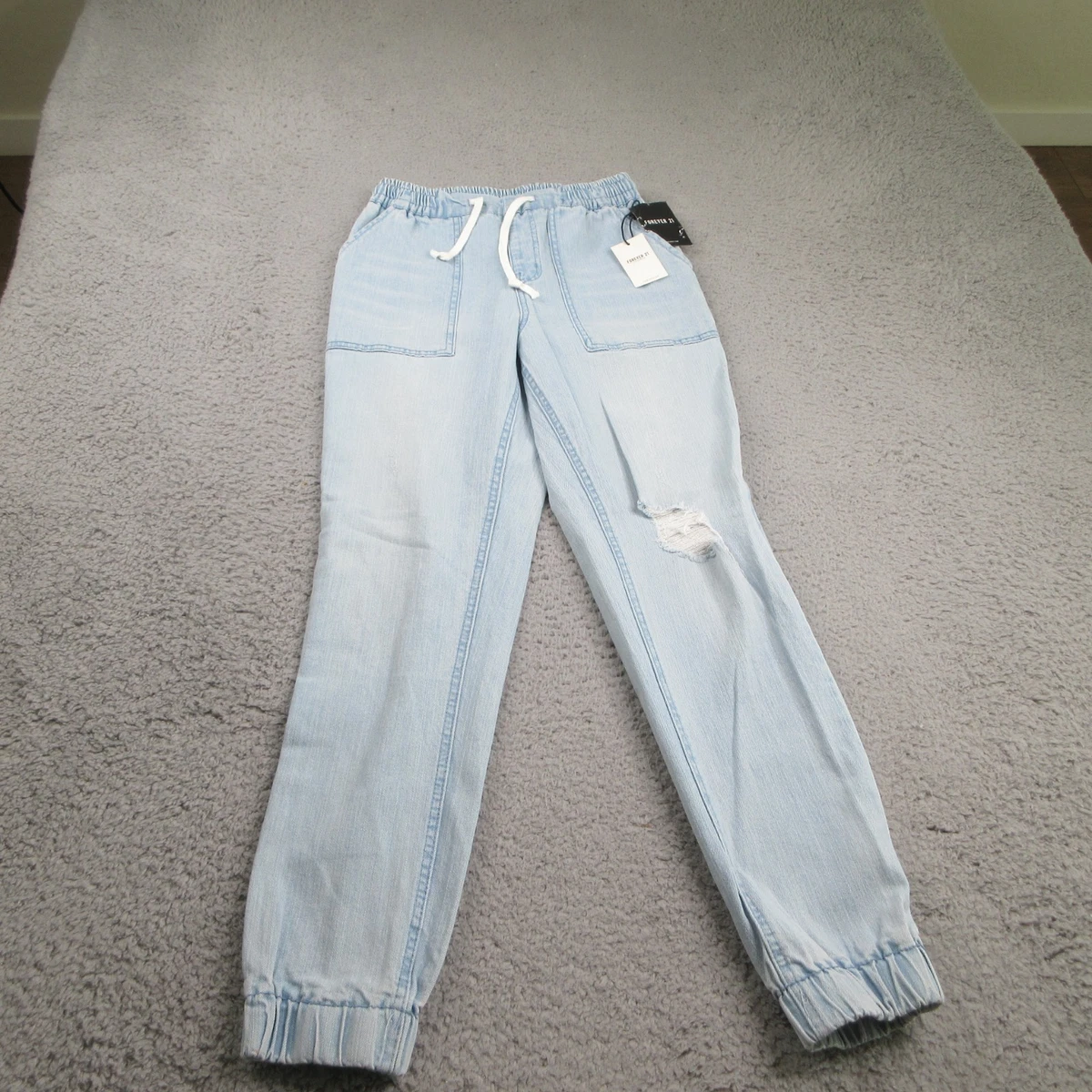 Pantalones de mezclilla Forever 21 para mujer pequeños azul claro desgastado cordón nuevos con etiquetas