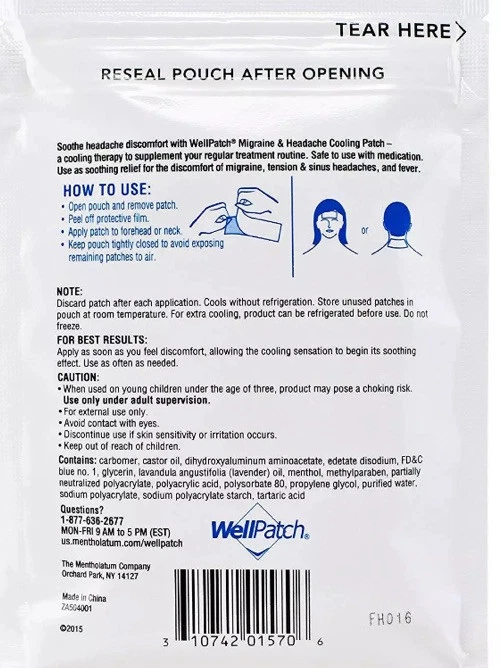 (Paquete de 24) Parche de enfriamiento para dolor de cabeza y migraña mentolatum WellPatch/6 bolsas de 4 Foto 3 de 4