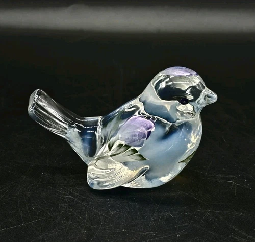 Fenton Clear Opalescent Hand Painted Purple Flowers Song Bird Signed A. Farley