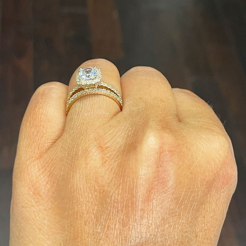 Cushion And Round Cut Moissanite Engagement and Band 14k Cut Yellow Gold 2.00ctw - Picture 9 of 12