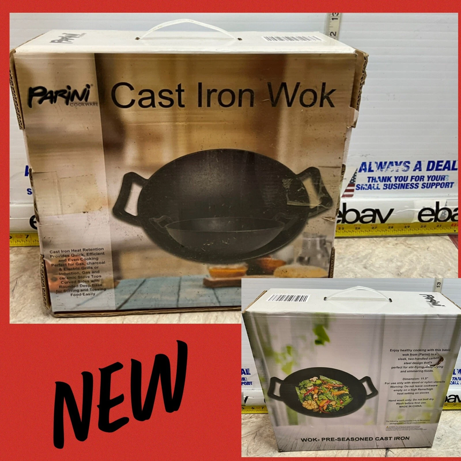 PARINI 5-PIECE WOK PRE-SEASONED WOOD HANDLE 14" PAN SET NEW Wooden Spoon Chopsti