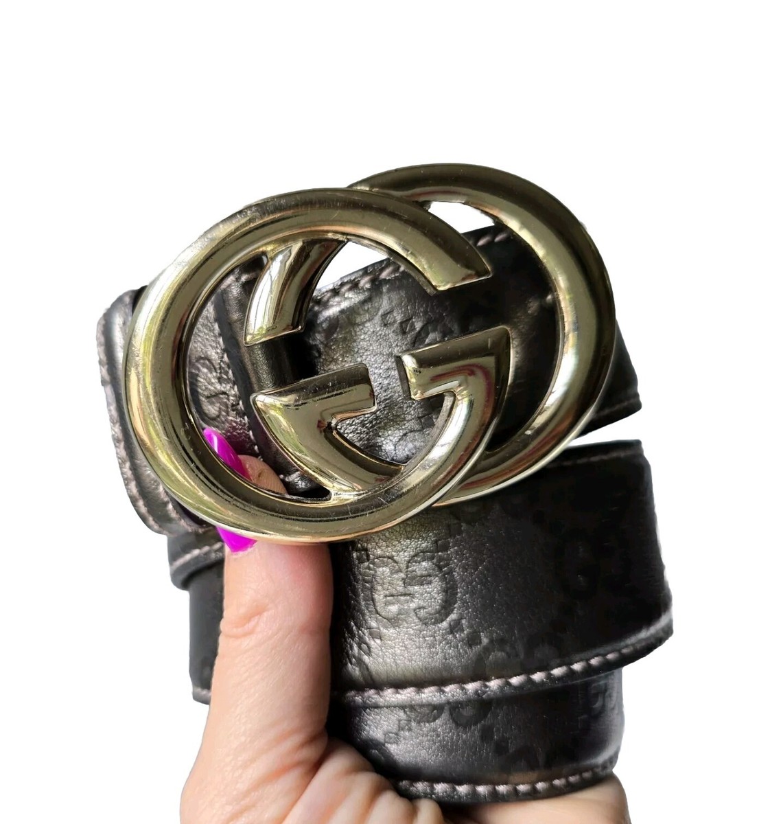 GUCCI ベルト 85-34 Gucci Belt Gold GG Buckle 85 34 Pewter Gray Brown Metallic