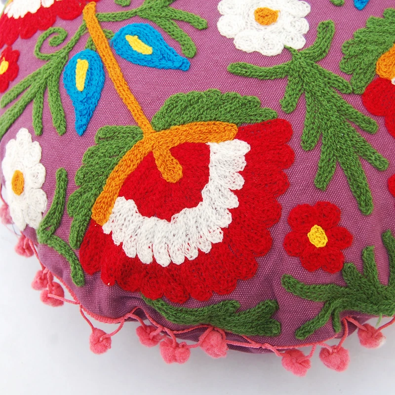 Indian Ethnic Floral Cotton Suzani Embroidery Round Cushion Covers 16" - Image 3 of 4