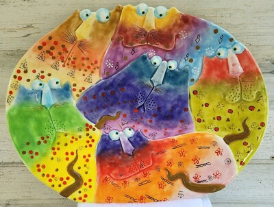 Joy Cat Whimsical Brightly Colored Collection Platter or Wall Art Pottery 11x14