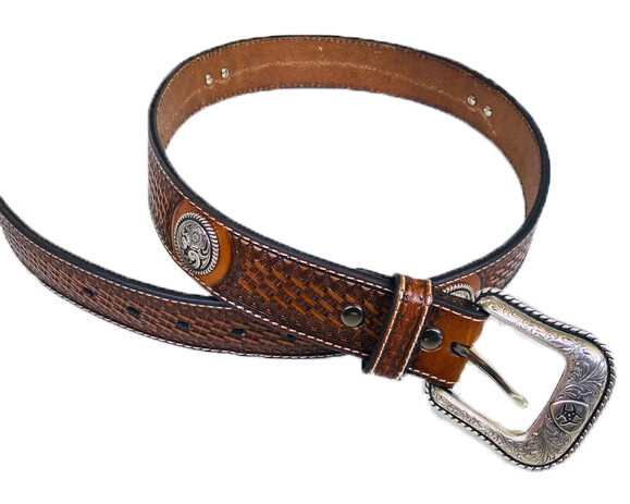 Cintura In Pelle ARIAT Con Timbro A Cestino E Conchos Argentati, Uomo, Taglie 32-46, Fibbia Intercambiabile