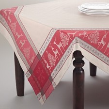 Red w Beige Jacquard Reindeer Christmas Tree Border Holiday Tablecloth 70 sq